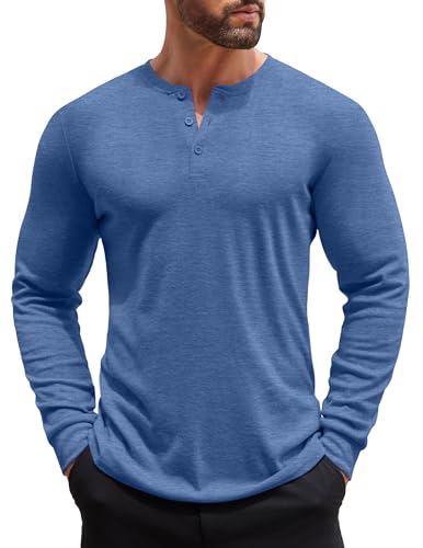 COOFANDY Henley Langarmshirt Herren Longsleeve Freizeit T-Shirt für Männer Einfarbig Basic Shirt mit Knopfleiste Blau S von COOFANDY