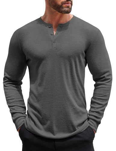 COOFANDY Henley Langarmshirt Herren Longsleeve Freizeit T-Shirt für Männer Einfarbig Basic Shirt mit Knopfleiste Dunkel Grau XXL von COOFANDY