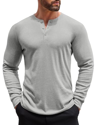 COOFANDY Henley Langarmshirt Herren Longsleeve Freizeit T-Shirt für Männer Einfarbig Basic Shirt mit Knopfleiste Hell Grau L von COOFANDY