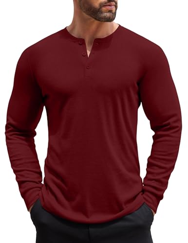 COOFANDY Henley Langarmshirt Herren Longsleeve Freizeit T-Shirt für Männer Einfarbig Basic Shirt mit Knopfleiste Rot XXL von COOFANDY