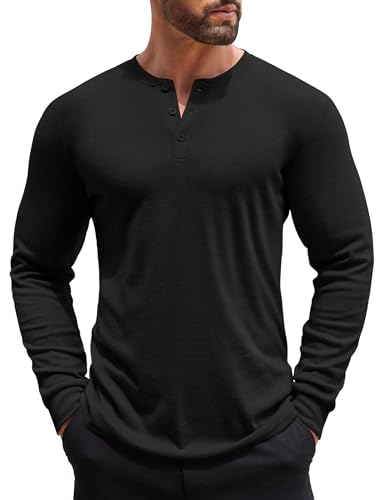COOFANDY Henley Langarmshirt Herren Longsleeve Freizeit T-Shirt für Männer Einfarbig Basic Shirt mit Knopfleiste Schwarz L von COOFANDY