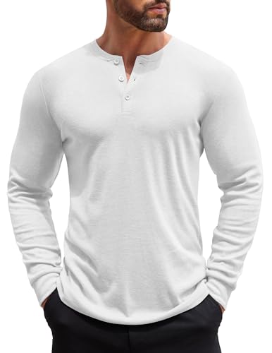 COOFANDY Henley Langarmshirt Herren Longsleeve Freizeit T-Shirt für Männer Einfarbig Basic Shirt mit Knopfleiste Weiß 3XL von COOFANDY