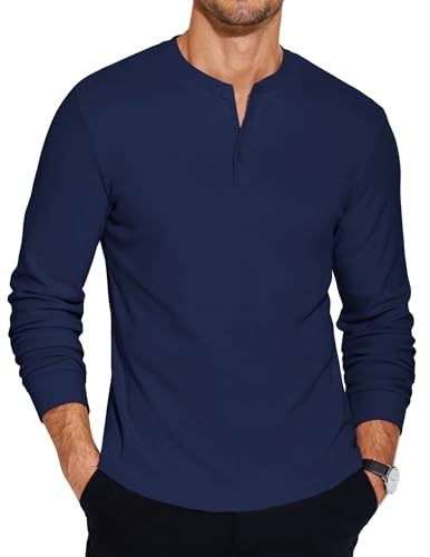 COOFANDY Henley Pullover Herren Langarmshirt Winter Warm Basic T Shirt Langarmshirt Knopfleiste Dunkelblau 3XL von COOFANDY