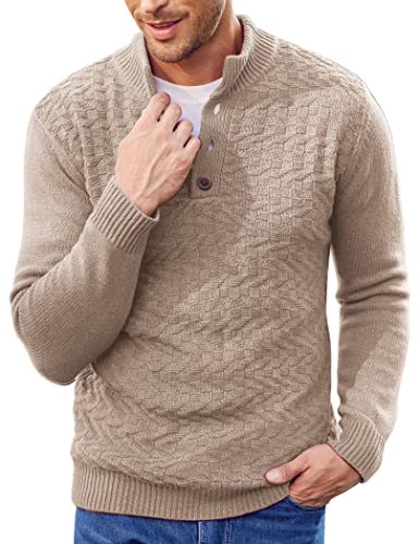 COOFANDY Henley-Pullover mit Stehkragen und Knöpfen, lässiger Strickpullover, khaki, X-Groß von COOFANDY