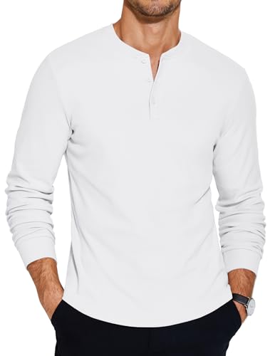 COOFANDY Henley Shirt Herren Langarm Business Pullover Basic Tshirt Langarmshirt Knopfleiste Weiß XXL von COOFANDY