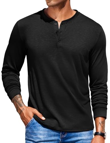 COOFANDY Henley Shirt Herren Langarm Longsleeve Tshirt Einfarbig Langarmshirt Henley Pullover Männer mit Knopfleiste Schwarz XXL von COOFANDY