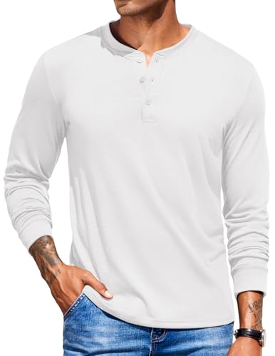 COOFANDY Henley Shirt Herren Langarm Longsleeve Tshirt Einfarbig Langarmshirt Henley Pullover Männer mit Knopfleiste Weiß XXL von COOFANDY