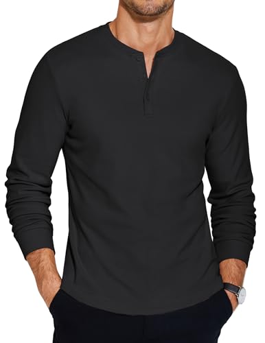 COOFANDY Henley Shirt Langarm Herren Basic Tshirt Langarmshirt Knopf Pullover Herren Longsleeve Schwarz XXL von COOFANDY