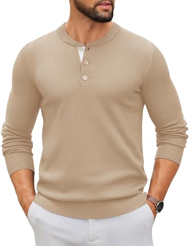COOFANDY Henley Shirts Herren Langarm Dünner Pullover mit Knöpfen Leicht Strickpullover Casual Winterpullover Pulli Männer Beige M von COOFANDY