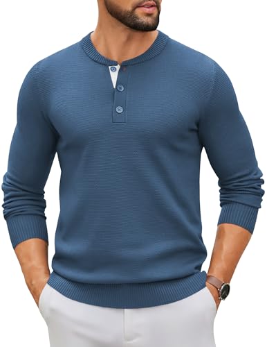 COOFANDY Henley Shirts Herren Langarm Dünner Pullover mit Knöpfen Leicht Strickpullover Casual Winterpullover Pulli Männer Blau L von COOFANDY