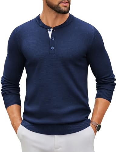 COOFANDY Henley Shirts Herren Langarm Dünner Pullover mit Knöpfen Leicht Strickpullover Casual Winterpullover Pulli Männer Dunkelblau M von COOFANDY