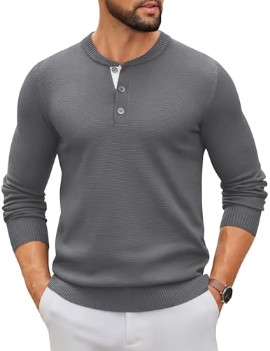 COOFANDY Henley Shirts Herren Langarm Dünner Pullover mit Knöpfen Leicht Strickpullover Casual Winterpullover Pulli Männer Grau XXL von COOFANDY