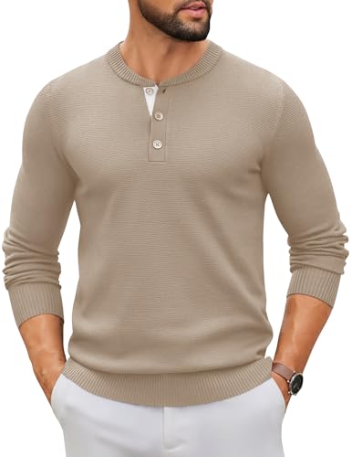 COOFANDY Henley Shirts Herren Langarm Dünner Pullover mit Knöpfen Leicht Strickpullover Casual Winterpullover Pulli Männer Khaki L von COOFANDY