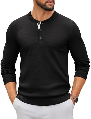 COOFANDY Henley Shirts Herren Langarm Dünner Pullover mit Knöpfen Leicht Strickpullover Casual Winterpullover Pulli Männer Schwarz L von COOFANDY