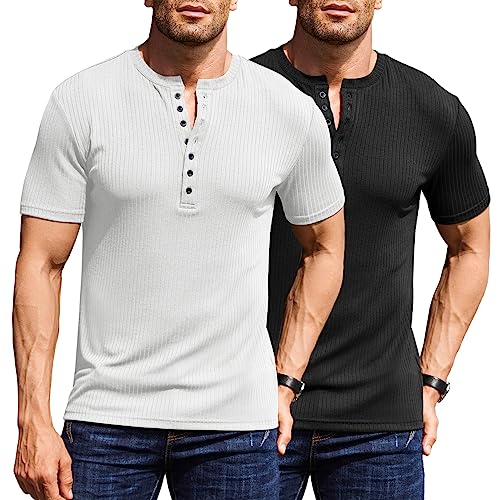 COOFANDY Henley-Shirts für Herren, kurzärmelig, lässig, gerippt, gestrickt, Stretch, Muskel-T-Shirts, 2 Stück, Schwarz/Weiß, XX-Large von COOFANDY