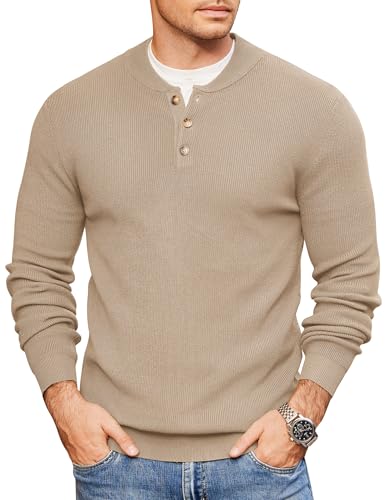 COOFANDY Henley-Strickpullover für Herren, langärmelig, Knopfpullover, lässiger Pullover, leicht, schmale Passform, Khaki, Groß COOFANDY Henley-Strickpullover für Herren, langärmelig, Knopfpullover, lässiger Pullover, leicht, schmale Passform, Khaki, Groß von COOFANDY