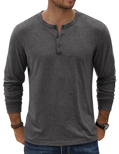 COOFANDY Henley-T-Shirt für Herren, langärmelig, lässig, leicht, weich, Stretch, Basic-T-Shirts, Herbst-Tops, grau dunkel, Mittel von COOFANDY