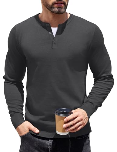 COOFANDY Henly Kragen Pullover Herren Winter Regular Fit Strick Sweater Langarm Knopfleiste Casual Shirt Dunkelgrau XL von COOFANDY