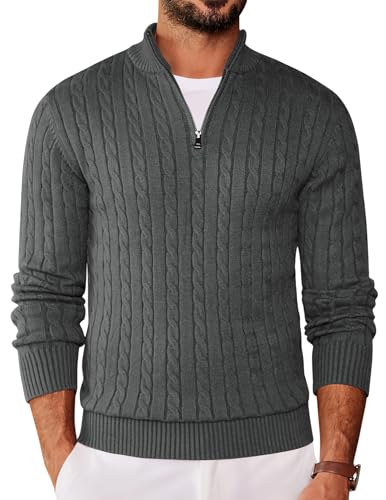 COOFANDY Herren 1/4 Pullover Langarm Half Zip Rollkragenpullover Feinstrick Basic Zopfmuste Strickpullover Dunkelgrau L COOFANDY Herren 1/4 Pullover Langarm Half Zip Rollkragenpullover Feinstrick Basic Zopfmuste Strickpullover Dunkelgrau L von COOFANDY