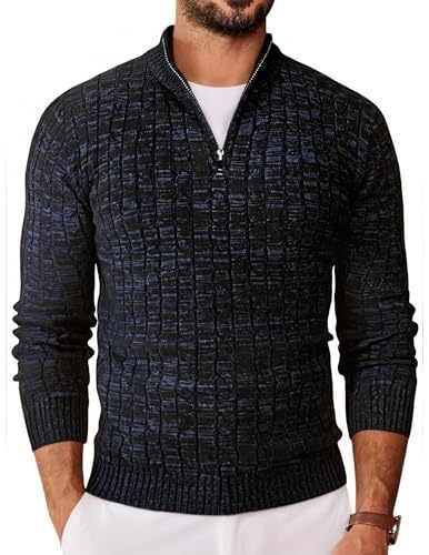 COOFANDY Herren 1/4 Pullover Langarm Half Zip Rollkragenpullover Feinstrick Basic Zopfmuste Strickpullover Schwarz-Dunkelblau L COOFANDY Herren 1/4 Pullover Langarm Half Zip Rollkragenpullover Feinstrick Basic Zopfmuste Strickpullover Schwarz-Dunkelblau L von COOFANDY