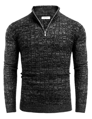 COOFANDY Herren 1/4 Pullover Langarm Half Zip Rollkragenpullover Feinstrick Basic Zopfmuste Strickpullover Schwarz-Grau XL von COOFANDY