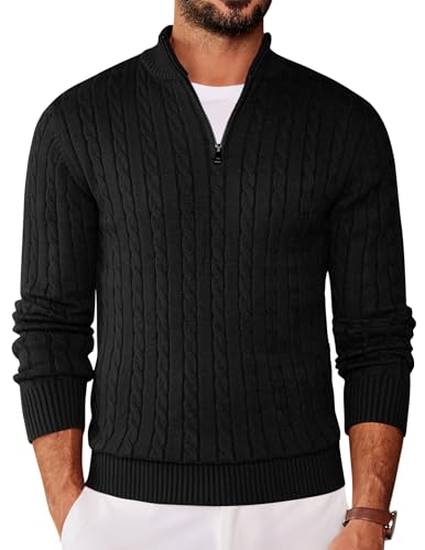 COOFANDY Herren 1/4 Pullover Langarm Half Zip Rollkragenpullover Feinstrick Basic Zopfmuste Strickpullover Schwarz L von COOFANDY
