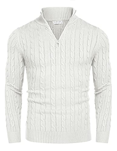 COOFANDY Herren 1/4 Pullover Langarm Half Zip Rollkragenpullover Feinstrick Basic Zopfmuste Strickpullover Weiß L von COOFANDY