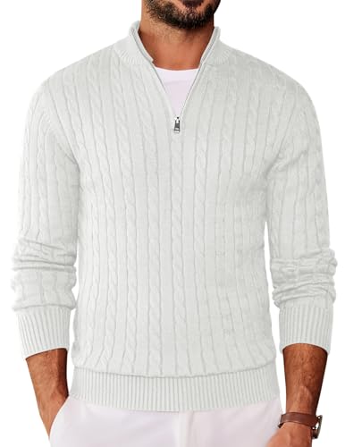 COOFANDY Herren 1/4 Pullover Langarm Half Zip Rollkragenpullover Feinstrick Basic Zopfmuste Strickpullover Weiß S COOFANDY Herren 1/4 Pullover Langarm Half Zip Rollkragenpullover Feinstrick Basic Zopfmuste Strickpullover Weiß S von COOFANDY