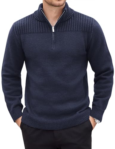 COOFANDY Herren 1/4 Zip Pullover Langarm Strickpullover Winter Basic Winterpullover mit Stehkragen Freizeit Casual Sweater Navy Blau XL von COOFANDY