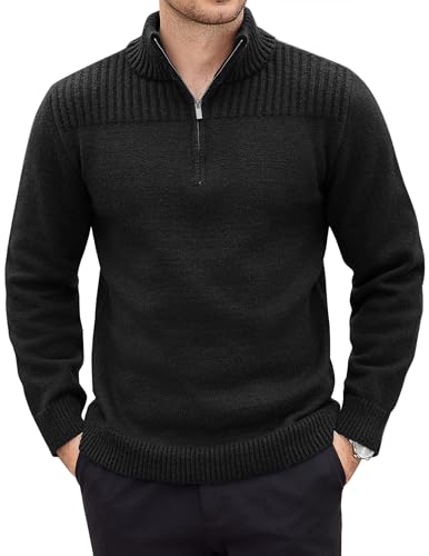 COOFANDY Herren 1/4 Zip Pullover Langarm Strickpullover Winter Basic Winterpullover mit Stehkragen Freizeit Casual Sweater Schwarz XL von COOFANDY