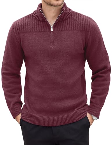 COOFANDY Herren 1/4 Zip Pullover Langarm Strickpullover Winter Basic Winterpullover mit Stehkragen Freizeit Casual Sweater Weinrot M von COOFANDY
