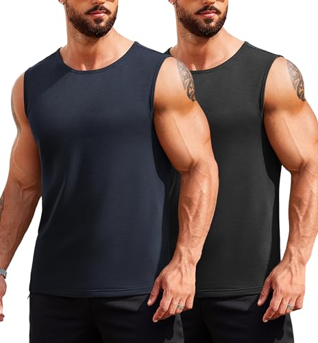 COOFANDY Herren 2 Pack Quick Dry Workout Tank Tops Gym Muscle Tanks Activewear Sleeveless T Shirts, Schwarz/Marineblau, Mittel von COOFANDY