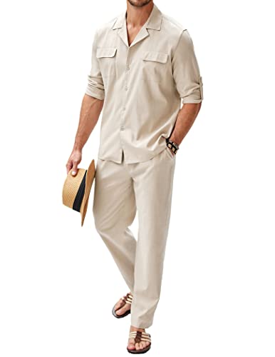 COOFANDY Herren 2 Stück Baumwolle Leinen Set Button Down Hemd Langarm Casual Strand Hose Sommer Yoga Outfits, Hellkhaki, Medium von COOFANDY