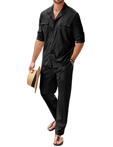 COOFANDY Herren 2 Stück Baumwolle Leinen Set Button Down Hemd Langarm Casual Strand Hose Sommer Yoga Outfits, Schwarz, Large von COOFANDY