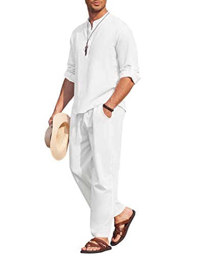 COOFANDY Herren 2 Stück Baumwolle Leinen Set Langarm Henley Hemden Casual Strand Hosen mit Taschen Sommer Yoga Outfits, 01-weiß, Large von COOFANDY