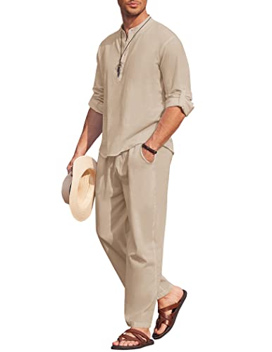 COOFANDY 2-teiliges Herren-Set aus Baumwoll-Leinen, langärmelig, Henley-Shirt, lässige Strandhose mit Taschen, Sommer-Yoga-Outfits, Hellkhaki, Medium COOFANDY 2-teiliges Herren-Set aus Baumwoll-Leinen, langärmelig, Henley-Shirt, lässige Strandhose mit Taschen, Sommer-Yoga-Outfits, Hellkhaki, Medium von COOFANDY