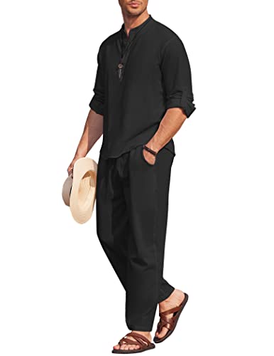 COOFANDY Herren 2 Stück Baumwolle Leinen Set Langarm Henley Shirts Casual Strand Hosen Mit Taschen Sommer Yoga Outfits, Schwarz, Large von COOFANDY