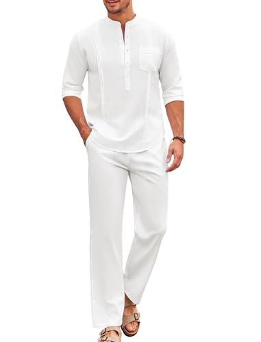 COOFANDY Herren 2 Stück Baumwolle Leinen Sets Casual Langarm Henley Shirts Yoga Hosen Hemd Hose Set Strand Cuban Outfits, Farbe: Weiß, X-Large von COOFANDY