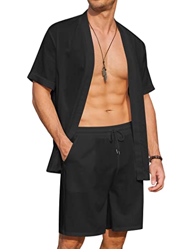 COOFANDY Herren 2 Stück Hemd Sets Casual Open Front Cardigan Shirts Shorts Outfits Leichte Strand Urlaub Kimono Shirts, Schwarz, X-Large von COOFANDY