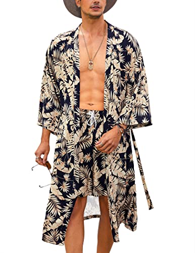 COOFANDY Herren 2 Stück Kimono Robe Jacke Set 3/4 Ärmel Open Front Cardigan Japanischer Stil Druck Bademantel mit Gürtel, Marineblau (Blätter), Small von COOFANDY