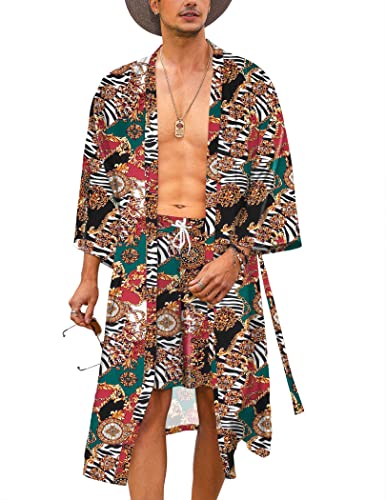 COOFANDY Herren 2 Stück Kimono Robe Jacke Set Japanischer Stil Bademantel Open Front Lang Cardigan Mantel mit Gürtel, Weiß (luxuriöser Druck), Medium von COOFANDY