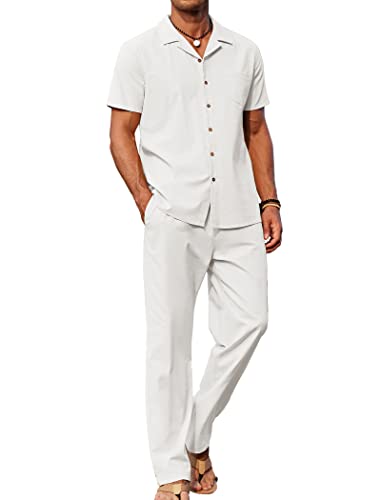 COOFANDY Herren 2 Stück Leinen Outfit Strand Button Down Hemd Casual Lose Hose Sets, A-weiß, XXX-Large von COOFANDY