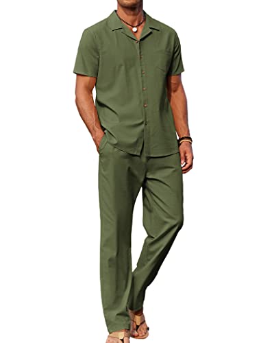 COOFANDY Herren 2 Stück Leinen Outfit Strand Button Down Hemd Casual Lose Hose Sets, Grün (Army Green), X-Large von COOFANDY