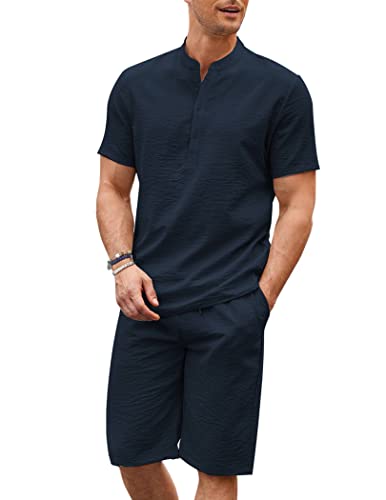 COOFANDY Herren 2 Stück Leinen Set Casual Henley Shirts Kurzarm Strand Yoga Shorts Sommer Hosen Outfits, Marineblau, Medium von COOFANDY