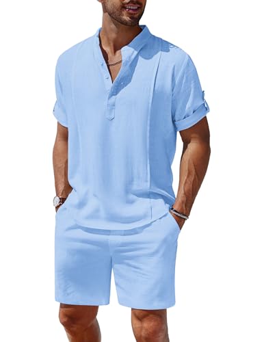 COOFANDY Herren 2 Stück Leinen Set Henley Hemd Kurzarm und Shorts Sommer Strand Yoga Matching Outfits, Blau, Large von COOFANDY