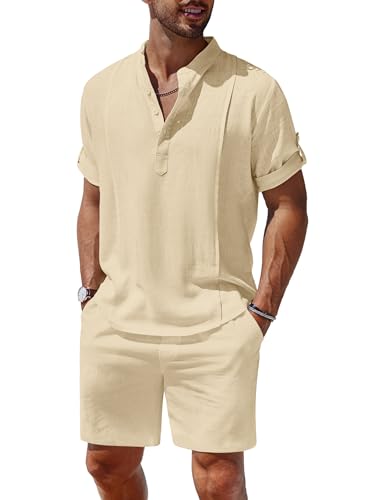 COOFANDY Herren 2 Stück Leinen Set Henley Hemd Kurzarm und Shorts Sommer Strand Yoga Matching Outfits, Helles Braun, XX-Large von COOFANDY