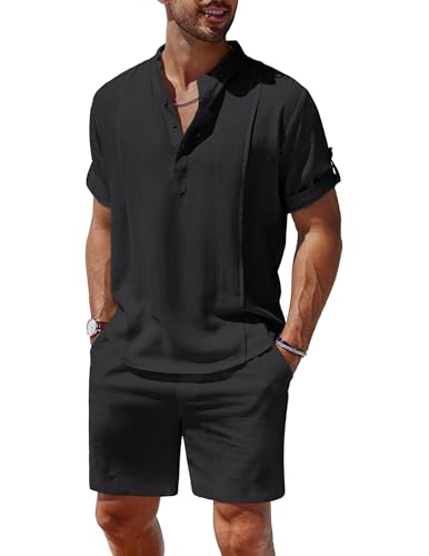 COOFANDY Herren 2 Stück Leinen Set Henley Hemd Kurzarm und Shorts Sommer Strand Yoga Matching Outfits, Schwarz, Medium von COOFANDY