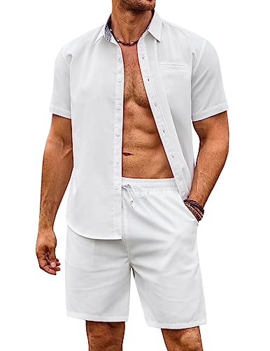 COOFANDY Herren 2 Stück Leinen Set Kurzarm Strand Outfits Casual Button Down Hemd und Kurze Sets mit Taschen, Weiss/opulenter Garten, X-Large von COOFANDY