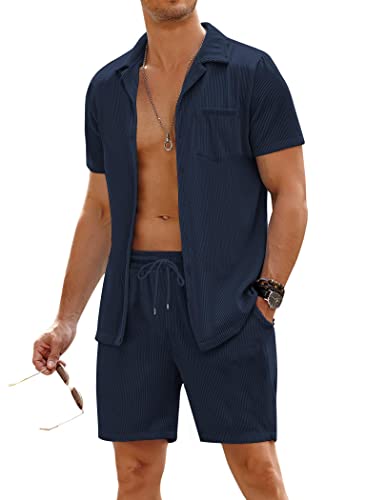 COOFANDY Herren 2 Stück Shirt Sets Kurzarm Casual Button Down Hippie T-Shirts Shorts Sets Sommer Mode Strand Outfits, Marineblau, Large COOFANDY Herren 2 Stück Shirt Sets Kurzarm Casual Button Down Hippie T-Shirts Shorts Sets Sommer Mode Strand Outfits, Marineblau, Large von COOFANDY