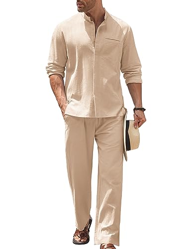 COOFANDY Herren 2-teiliges Baumwoll-Leinen-Set, langärmelig, Button-Up-Shirt und Strandhose, Sommer-Yoga-Outfits, Heller Kaffee, Medium von COOFANDY